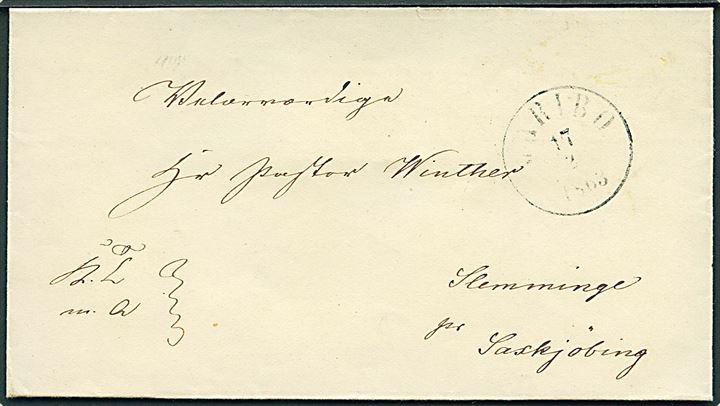 1863. Tjenestebrev mærket K.T.m.a. med antiqua Maribo d. 17.2.1863 til Slemminge pr. Saxkjøbing.