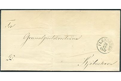 1852. Tjenestebrev mærket K.T. med antiqua Flensburg d. 29.12.1852 til Generalpostdirecturen i Kjøbenhavn.