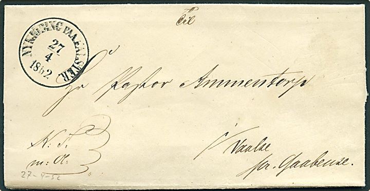 1852. Tjenestebrev mærket K.T.m.A. fra Lolland-Falsters Stift med antiqua Nykjöbing paa Falster d. 27.4.1852 til Vaale pr. Gaabense. Skrivelse vedr. godtgørelse for udskreven hest. På bagsiden sort laksegl.