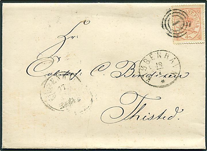 4 sk. Krone/Scepter på brev annulleret med nr.stempel 1 og sidestemplet Kjøbenhavn d. 17.1.1866 og 18.1.1866 via J.Jernb.P.SP.B. til Thisted.