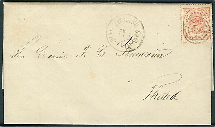 4 sk. Krone/Scepter på brev annulleret med nr.stempel 48 og sidestemplet Nykjøbing i Jylland d. 23.3.1868 til Thisted.