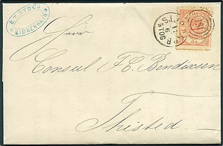 4 sk. Krone/Scepter på brev fra Kjøbenhavn annulleret med kombineret nr.stempel 181/SJ.JB.P.SP.B. d. 11.6.1868 til Thisted.