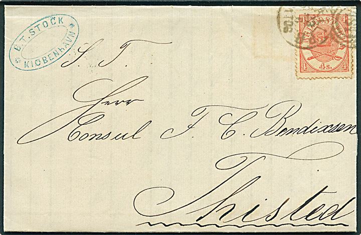 4 sk. Krone/Scepter på brev fra Kjøbenhavn annulleret med kombineret nr.stempel 181/Sjæll.P.B. d. 23.6.1868 til Thisted.