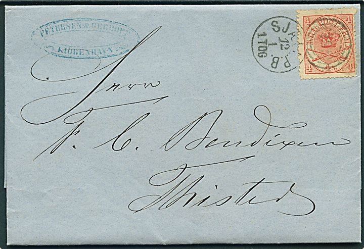 4 sk. Krone/Scepter på brev fra Kjøbenhavn annulleret med kombineret nr.stempel 181/Sjæl.P.B. d. 12.1.1869 til Thisted.