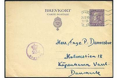10 öre helsagsbrevkort fra Stockholm d. 24.8.1945 til København, Danmark. Dansk efterkrigscensur (krone)/234/Danmark.