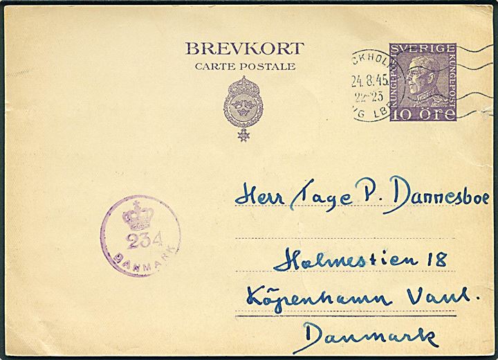 10 öre helsagsbrevkort fra Stockholm d. 24.8.1945 til København, Danmark. Dansk efterkrigscensur (krone)/234/Danmark.