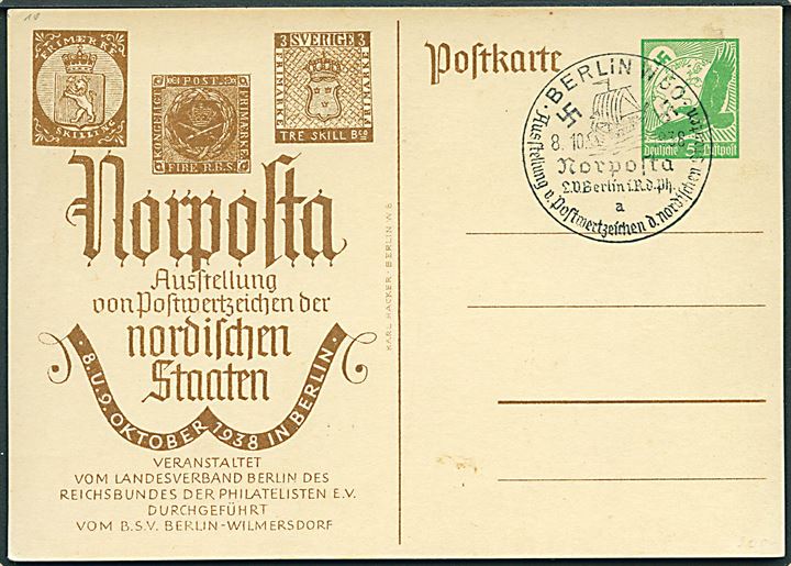 5 pfg. privat illustreret helsagsbrevkort Norposta 1938 annulleret med udstillingsstempel i Berlin d. 8.10.1938. Uadresseret.
