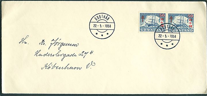 30+5/50 øre Provisorium i parstykke på brev stemplet Godthåb d. 22.5.1958 til København. FDC.