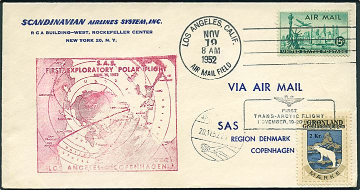 Amerikansk 15 cents Luftpost på SAS førsteflyvningskuvert fra Los Angeles d. 19.11.1952 via Grønland til København. Påsat 2 kr. Grønlandshjælpen mærkat stemplet First Trans-Arctic Flight November 19-20.11.1952.