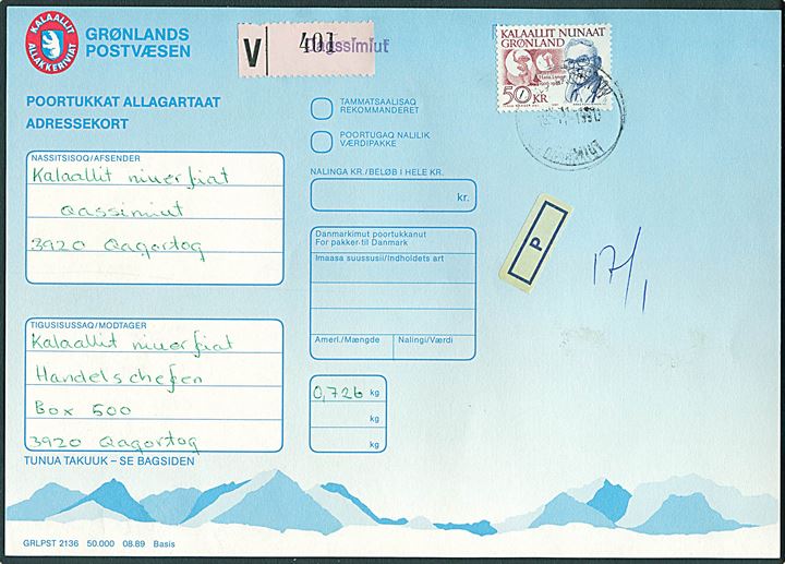 50 kr. Lynge single på adressekort fra Qassimiut pr. Qaqortoq d. 16.11.1991 til Qaqortoq.