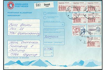 2,50 kr. Herrnhut (6), 25 kr. Lynge og 50 kr. Lynge på adressekort for pakke fra Umanak d. 6.12.1995 til Asperup.