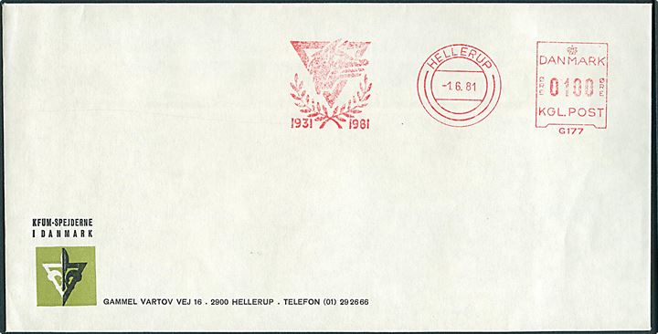100 øre firmafranko Hellerup d. 1.6.1981 på uadresseret fortrykt kuvert fra KFUM-Spejderne i Danmark.