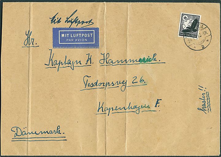 100 pfg. Luftpost single på stort luftpostbrev fra Mittweida d. 28.1.1937 til København, Danmark.