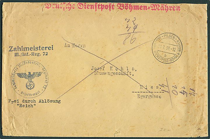 Böhmen-Mähren. Ufrankeret tjenestebrev stemplet Pilsen Deutsche Dienstpost Böhmen-Mähren d. 11.7.1939 til Mies. 