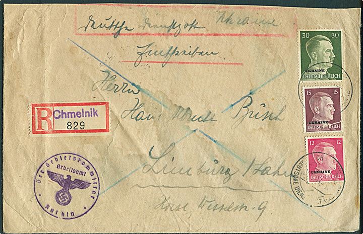 Ukraine. 12 pfg., 15 pfg. og 30 pfg. Hitler Ukraine provisorium på anbefalet brev fra Chmelnik 1943 til Limburg, Tyskland. Noget fugtskadet.