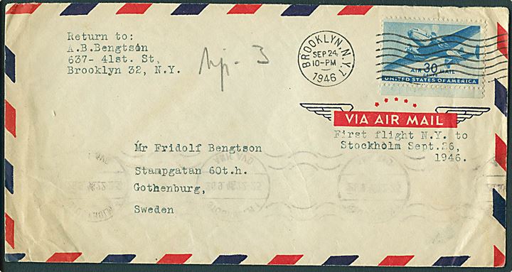 30 cents Transport single på luftpostbrev fra Brooklyn d. 24.9.1946 til Göteborg, Sverige. Påskrevet: First flight N.Y. to Stockholm Sept. 26 1946.