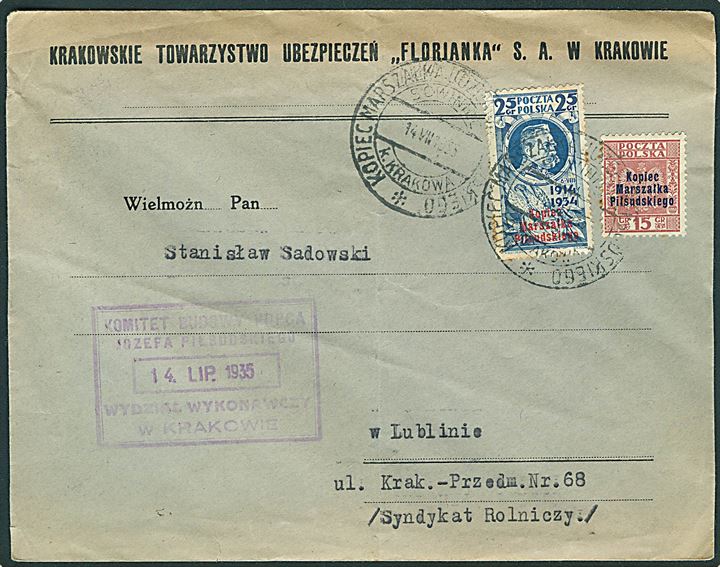 Komplet sæt Pilsutski mindeudg. på brev annulleret med særstempel i Krakow d. 14.8.1935 til Lublin.