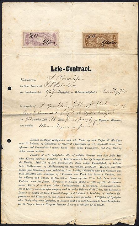 Leie-Contract dateret Sundbyøster d. 5.6.1862 med 8 sk. og 32 sk. stempelmærke. Arkivhuller og fold.