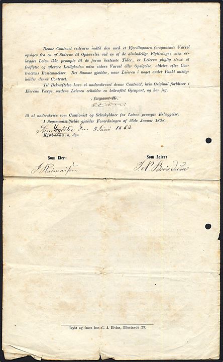 Leie-Contract dateret Sundbyøster d. 5.6.1862 med 8 sk. og 32 sk. stempelmærke. Arkivhuller og fold.