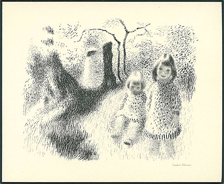 Sikker Hansen: Børn i skoven. Jule- og Nytårskort 14x17 cm. L. Levison Jr. no. 25-5425C.