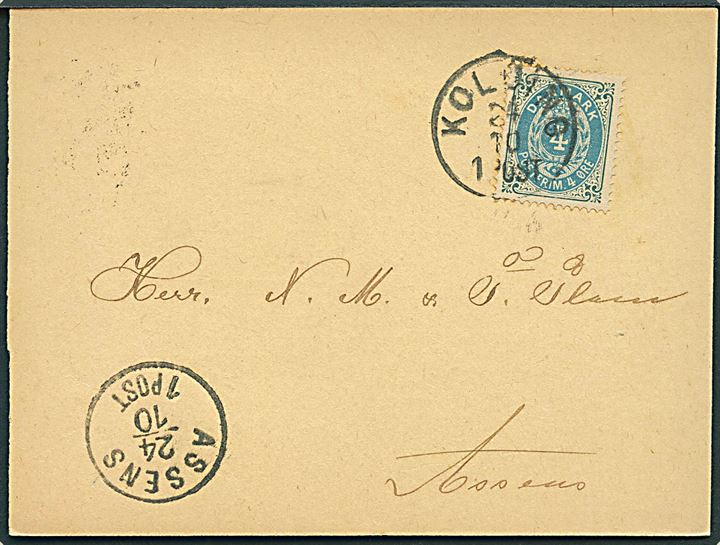 4 øre Tofarvet på tryksagskort annulleret med lapidar Kolding d. 24.10.1890 til Assens.