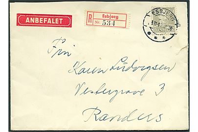 50 øre Chr. X single på anbefalet brev fra Esbjerg d. x.11.1947 til Randers.