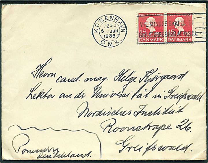15 øre H.C.Andersen i parstykke på brev fra København d. 5.6.1936 til Greifswald, Tyskland.