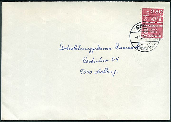 2,50 kr. Mål og Vægt på brev annulleret med parentes stempel Dronninglund (Flauenskjold) sn2 d. 1.10.1983 til Ålborg.