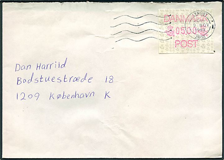 5 kr. Frama etiket på brev stemplet Lyngby 2800 d. 9.11.1993 til København. Bagklap mgl.