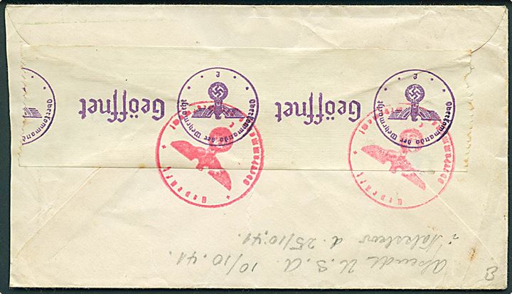 30 cents Winged Globe på luftpostbrev fra Waukegan d. 10.10.1941 til Nakskov, Danmark. Åbnet af tysk censur. 