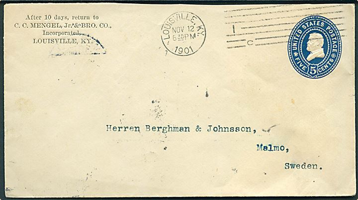 5 cents helsagskuvert fra Louisville d. 12.11.1901 til Malmö, Sverige.