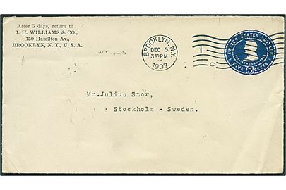 5 cents helsagskuvert fra Brooklyn d. 5.12.1907 til Stockholm, Sverige.