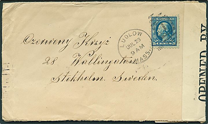 5 cents Washington på brev fra Ludlow d. 23.7.1917 til Stockholm, Sverige. Åbnet af britisk censur no. 4303.