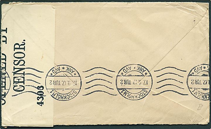 5 cents Washington på brev fra Ludlow d. 23.7.1917 til Stockholm, Sverige. Åbnet af britisk censur no. 4303.