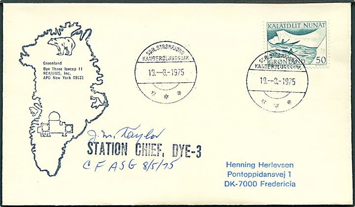 50 øre Postbefordring på filatelistisk kuvert stemplet Sdr. Strømfjord d. 19.8.1975 og sidestemplet DYE Three (Amerikansk radarstation på indlandsisen) til Fredericia.