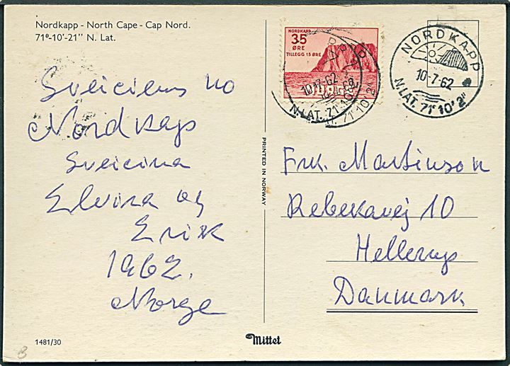 35+15 øre Nordkapp på brevkort stemplet Nordkapp d. 10.7.1962 til Hellerup, Danmark.