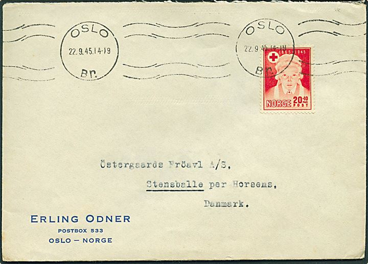 20+10 øre Røde Kors på brev fra Oslo d. 22.9.1945 til Stensballe pr. Horsens.