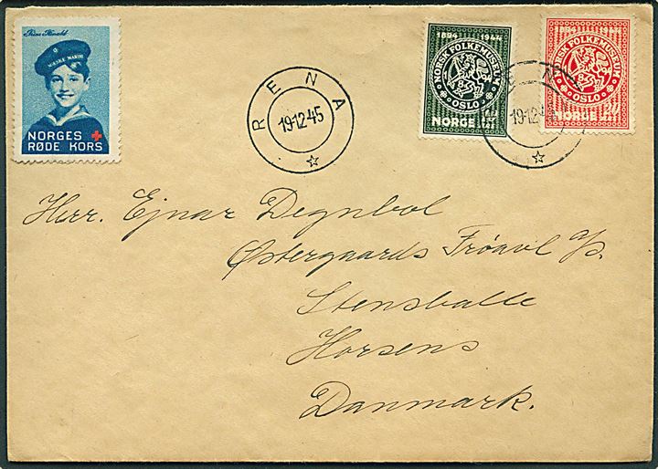 Komplet sæt Norsk Folkemuseum på brev fra Rena d. 19.12.1945 til Stensballe pr. Horsens.