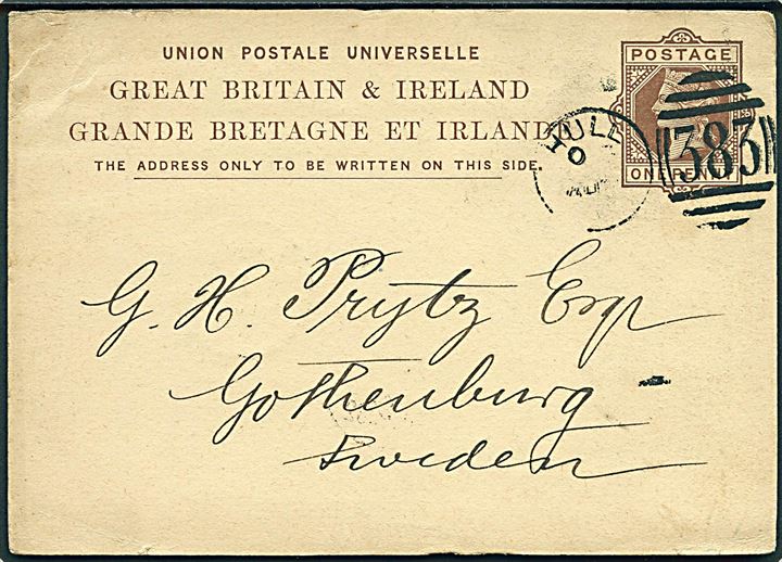 1d Victoria helsagsbrevkort annulleret Hull/383 d. 28.8.1882 til Göteborg, Sverige.