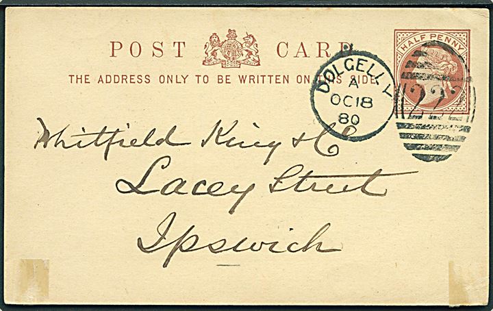 1d Victoria helsagsbrevkort annulleret Dolgelly/222 d. 18.10.1880 til Ipswich.