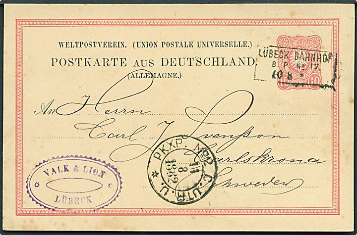 10 pfg. helsagsbrevkort annulleret med rammestempel Lübeck Bahnhof B.P. No. 17 d. 10.8.1882 til Carlskrona, Sverige.