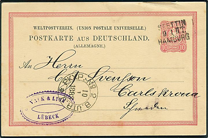 10 pfg. helsagsbrevkort fra Lübeck annulleret med bureaustempel Stettin - Hamburg d. 9.1.1883 til Carlskrona, Sverige.