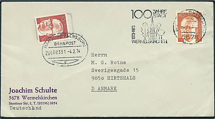 40 pfg. Heinemann single på underfrankeret brev fra Wermelskirchen d. 4.2.1974 til Hirtshals, Danmark. Postalt opfrankeret med 30 pfg. Heinemann annulleret med bureaustempel Hamburg - Flensburg Bahnpost Zug 00331 d. 4.2.1974.
