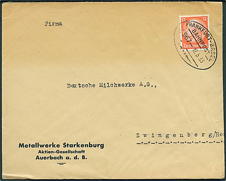 12 pfg. Hindenburg single på brev fra Auerbach annulleret med bureaustempel Frankfurt - Basel Bahnpost Z.967 d. 12.5.1933 til Zweigenburg.