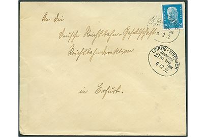 25 pfg. Hindenburg på brev annulleret med bureaustempel Leipzig - Eisenach Bahnpost Zug 244/806 d. 6.12.1932 til Erfurt.