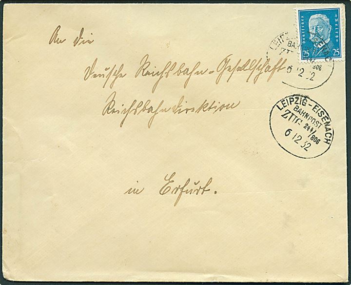 25 pfg. Hindenburg på brev annulleret med bureaustempel Leipzig - Eisenach Bahnpost Zug 244/806 d. 6.12.1932 til Erfurt.
