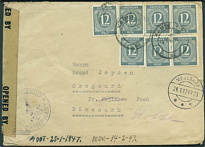 12 pfg. Ciffer (7) på brev fra Kassel d. 19.1.1947 til Oregaard pr. Mejlskov - eftersendt til pr. Holse med brotype IIc Mejlskov d. 24.1.1947. Åbnet af allieret efterkrigscensur i Tyskland.