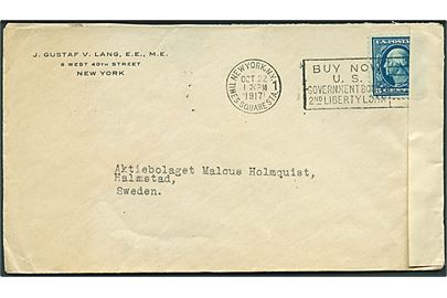 5 cents Washington på brev fra New York d. 22.10.1917 til Halmstad, Sverige. Åbnet af britisk censur no. 4362.