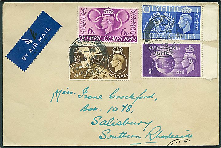 Komplet sæt Olympiade udg. på luftpostbrev fra Sale d. 29.7.1948 til Salisbury, Southern Rhodesia.