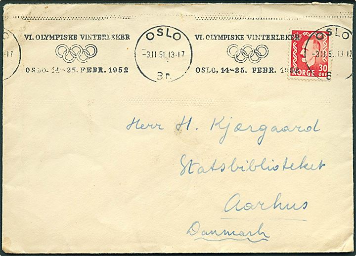 30 øre Haakon på brev annulleret med TMS VI. Olympiske Vinterleker Oslo, 14-25. Febr. 1952/Oslo d. 3.11.1951 til Aarhus, Danmark.